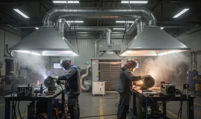 Confronto tra due postazioni industriali con cappe di aspirazione posizionate in modo diverso durante lavorazioni di saldatura e smerigliatura
