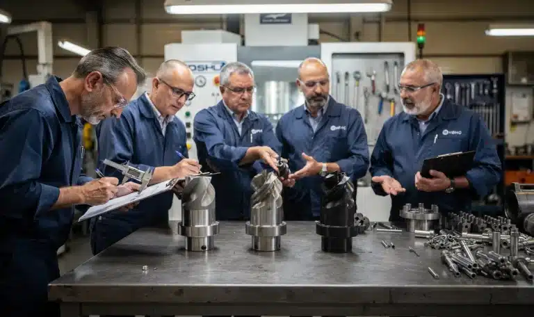 Riunione tecnica in officina davanti a utensili speciali a fissaggio meccanico in HSS-Co, PM e metallo duro
